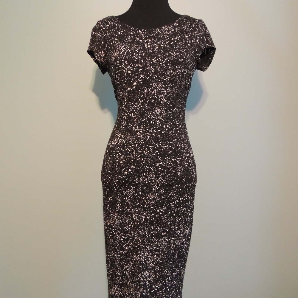 Black midi dress w/ cream splatter & low back